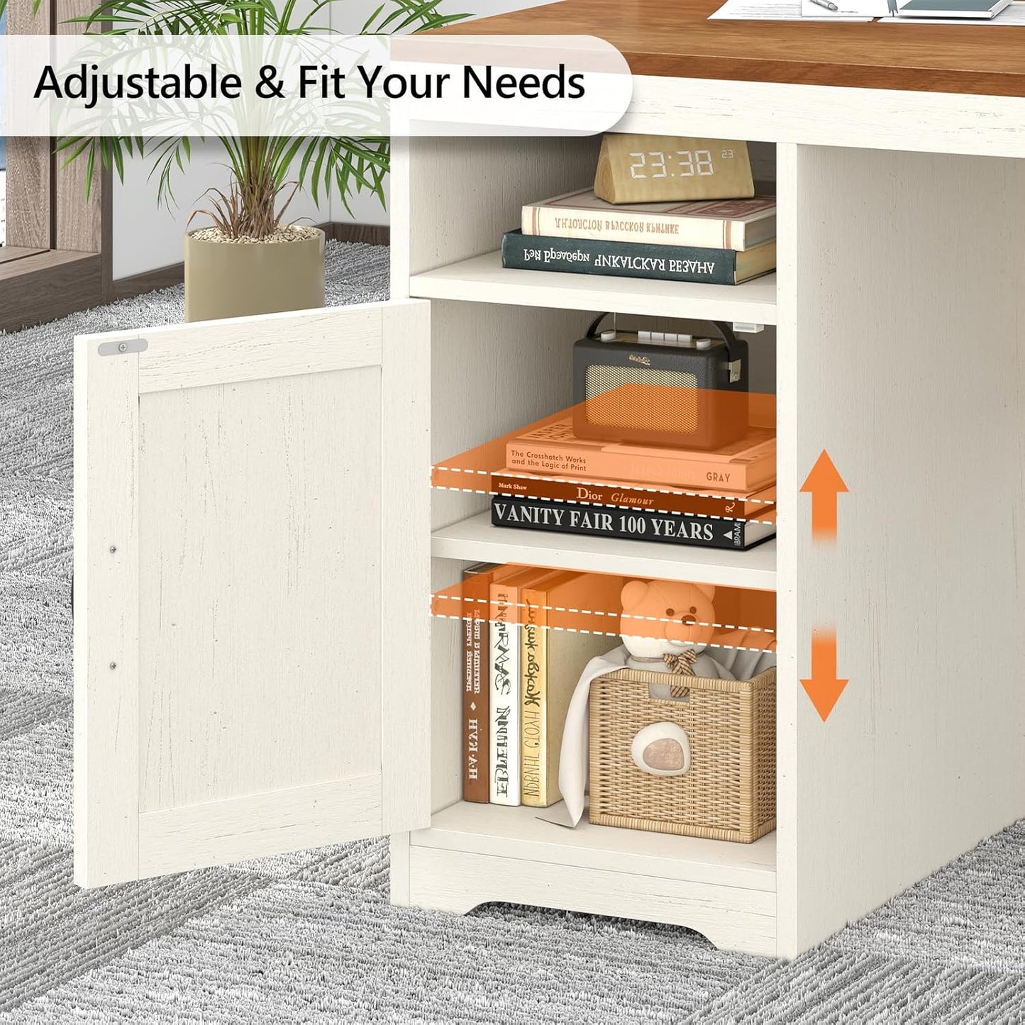 Farmhouse Computer Desk with Drawers, 65'' Home Office Desk with Power Outlets, Storage Cabinet and Printer Stand, Study Writing Desks with Long Monitor Stand, Brown and White