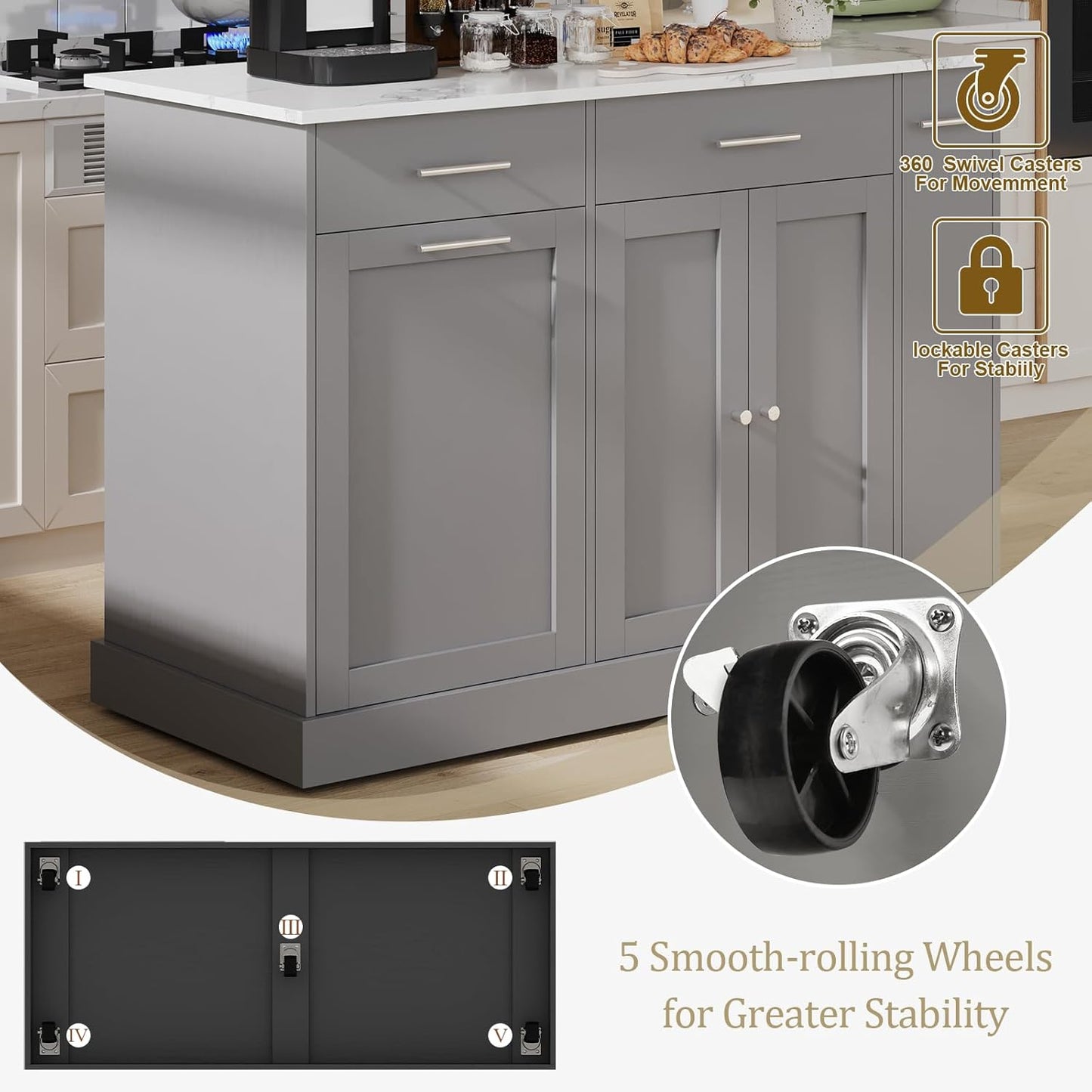 Kitchen Island on Wheels with Trash Can Storage, Rolling Kitchen Island Cart with Marble Countertop, Portable Island Table for Kitchen, Gray