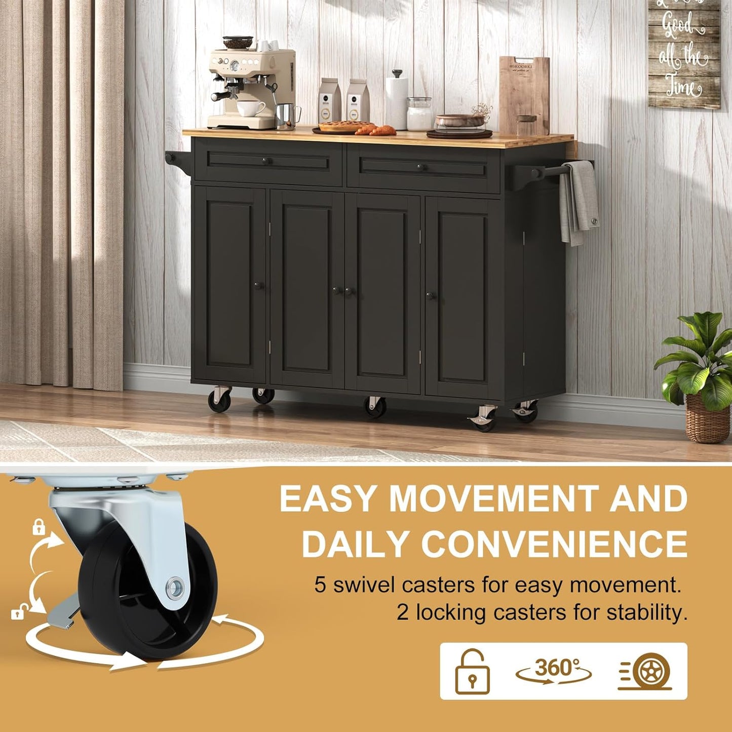 55" W Rolling Kitchen Island with Drop Leaf – Movable Kitchen Carts on Wheels Island with Storage Cabinet, Island Table for Kitchen with Rubber Wood Top and Rack and Drawer, Matte, Black