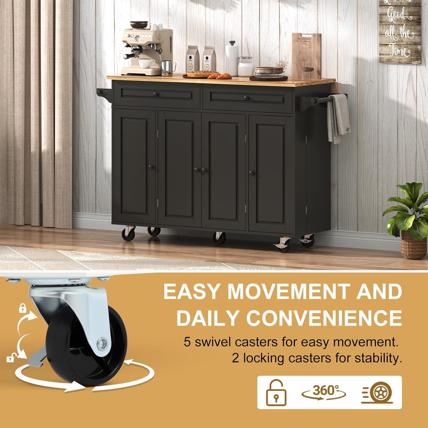 55" W Rolling Kitchen Island with Drop Leaf – Movable Kitchen Carts on Wheels Island with Storage Cabinet, Island Table for Kitchen with Rubber Wood Top and Rack and Drawer, Matte, Black
