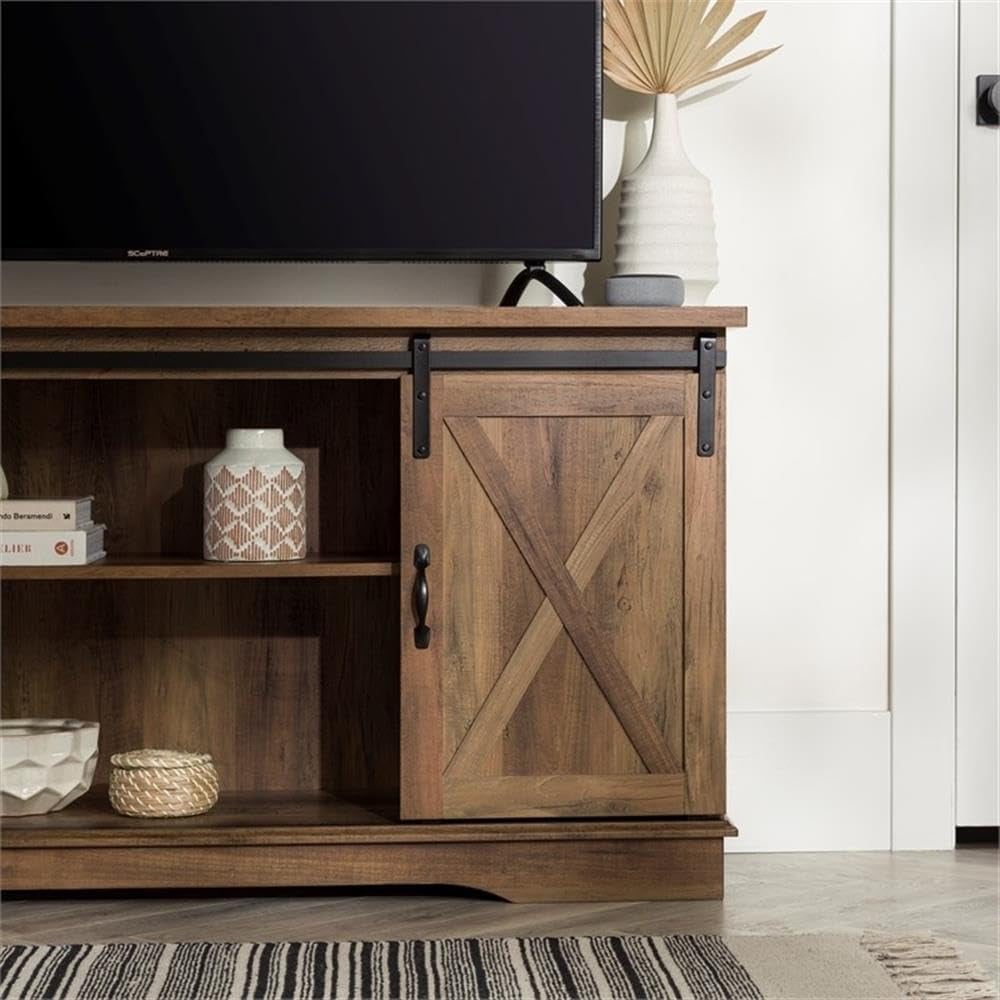 Richmond Modern Farmhouse Sliding Barn Door Stand for Tvs up to 65 Inches, without Fireplace, Rustic Oak
