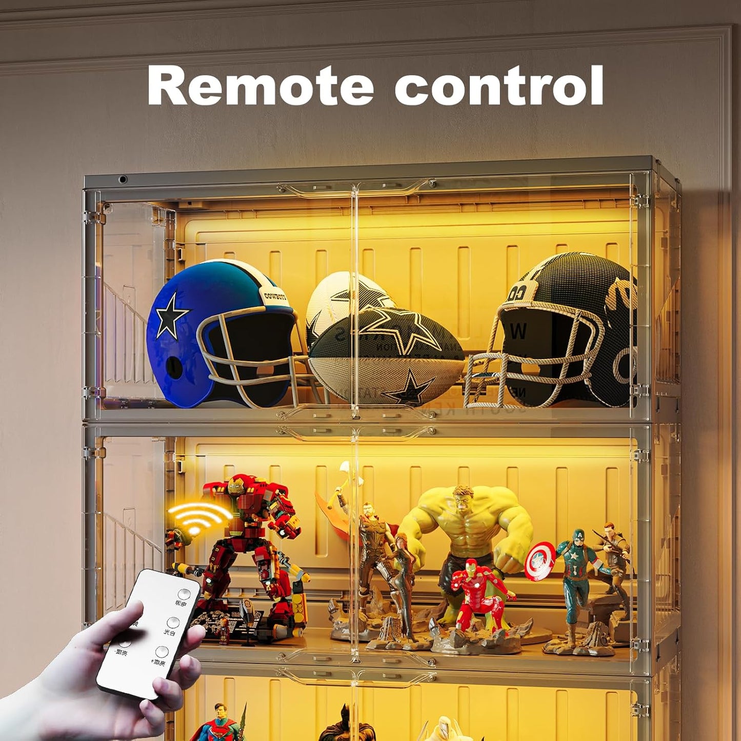 Foldable Display Cabinet, with 2 Color Lights & Infrared Sensing for Collectibles, Curio Cabinet Glass Display Case with Remote Control, Storage Cabinet,Black