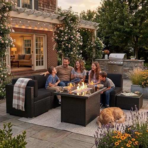 8 Pieces Patio Furniture Set with 44" Propane Gas Fire Pit Table, Outdoor Sectional Wicker Conversation Sofa Sets with Coffee Table