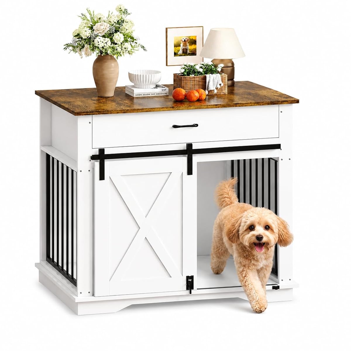 38" Dog Crate Furniture, Wooden Dog Furniture with Sliding Door and Drawer