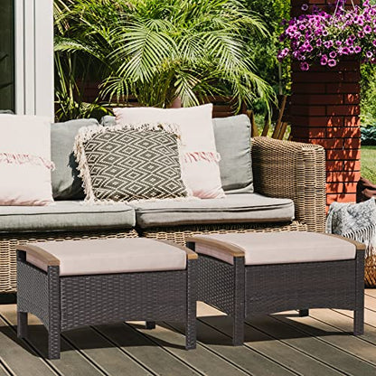 Outdoor Wicker Ottomans for Patio - 2 Pieces PE Rattan Ottoman, Footrest Seat with Zippered Cushions, Acacia Wood Handles, 3-in-1 Footstool, Side Table for Poolside, Backyard (Brown)