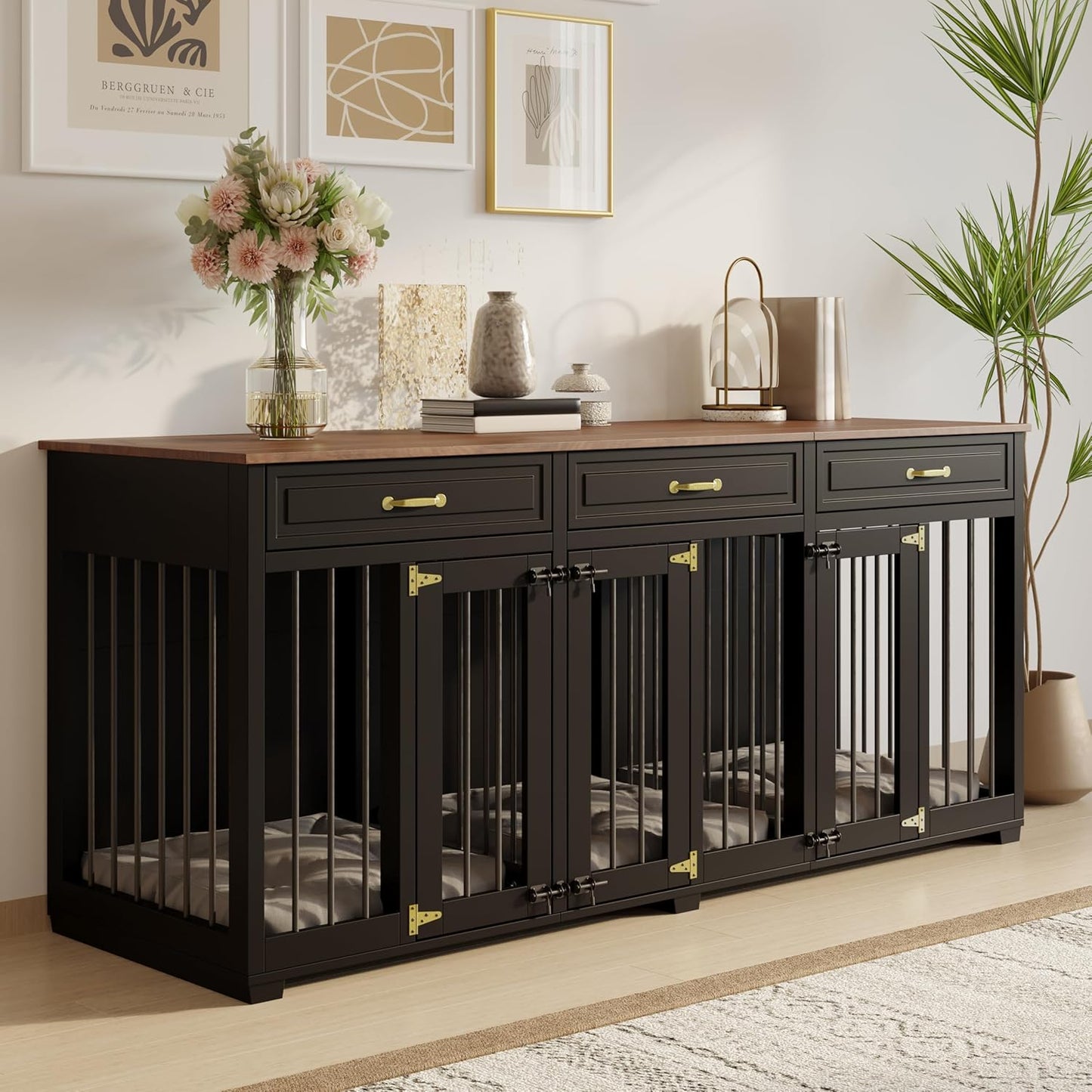 Dog Crate Furniture - Indoor Wooden Dog Kennel with 2 Dividers, 3 Drawers, and 3 Lockable Doors, 72"X23.6"X31.5"H, Black