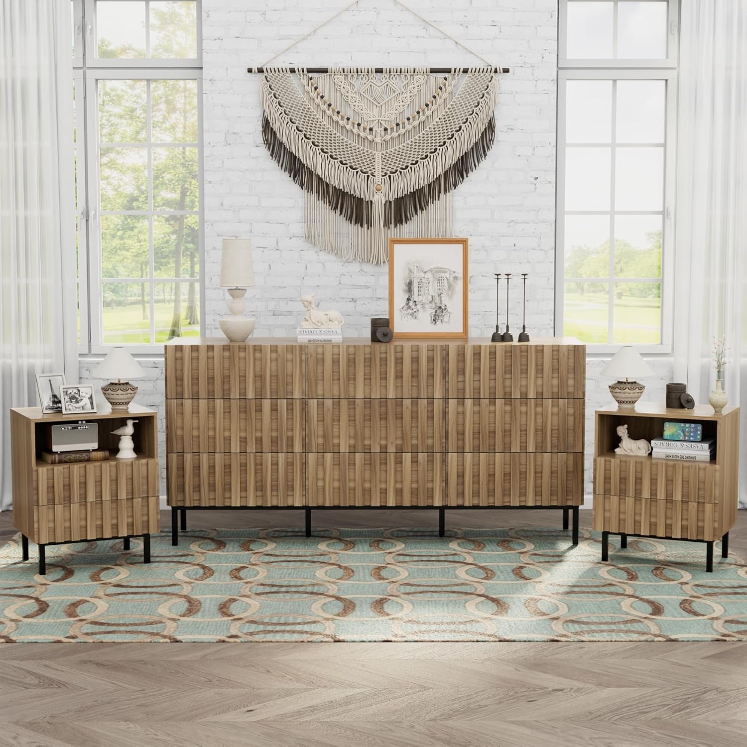 3PCS Dresser and Nightstand Sets for Bedroom, 59" Wide 9 Drawer Dresser & Nightstand Set of 2, Modern Fluted Solid Wood Closet Dressers, Bedroom Furniture Set (Natural Wood)