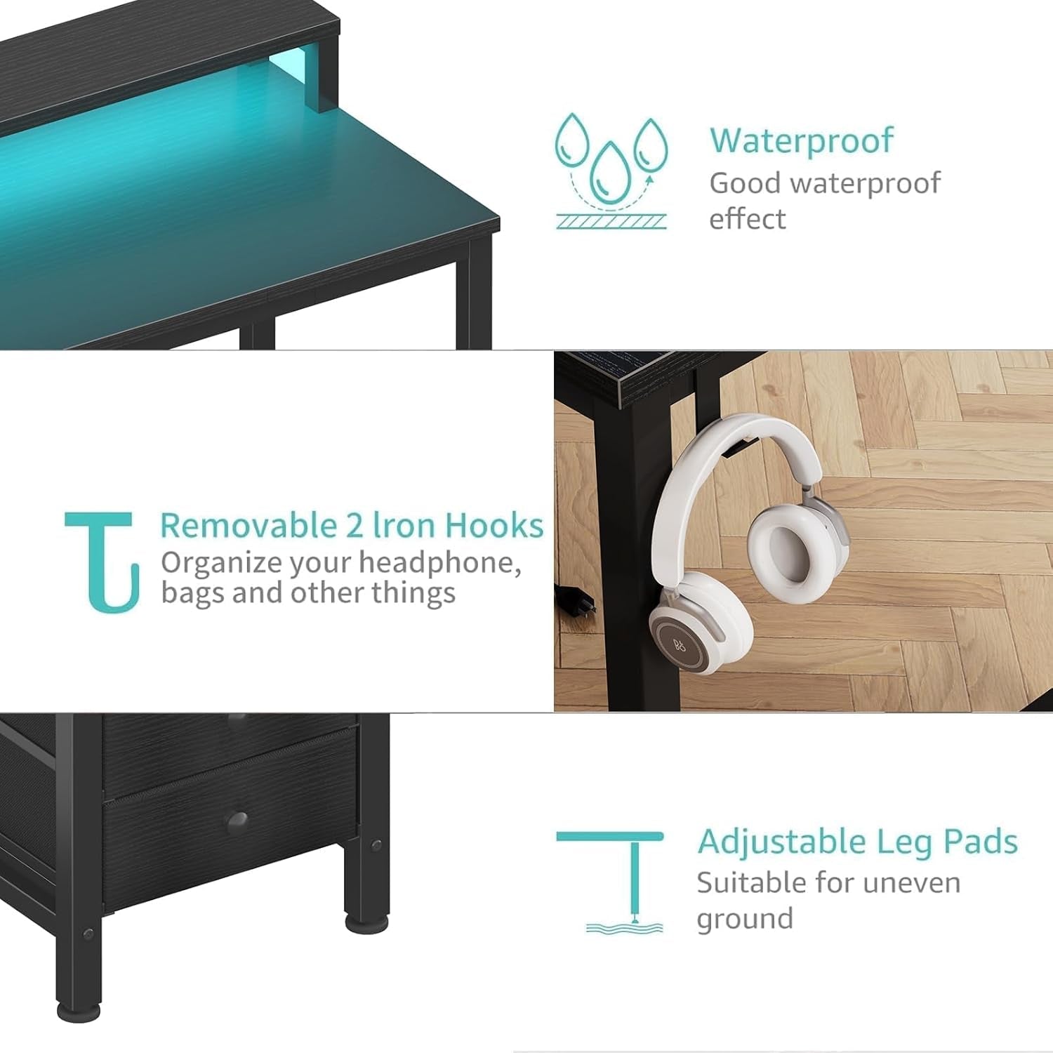 Gaming Desk with LED Lights and Power Outlets, 47 Inch Computer Desk with Fabric Drawers, Reversible Home Office Desk with Monitor Stand, Black