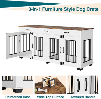 71 Inch Dog Crate Furniture for 2 Dogs, Extra Large Double Dog Cage with 3 Drawers, XXL Dog Crate for Large Breed Dogs, Wooden Dog Kennel Indoor TV Stand, Dog Kennel Furniture with Divider