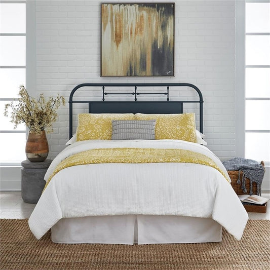 Queen Metal Headboard, Vintage Turned Spindle Design, Distressed Navy Finish