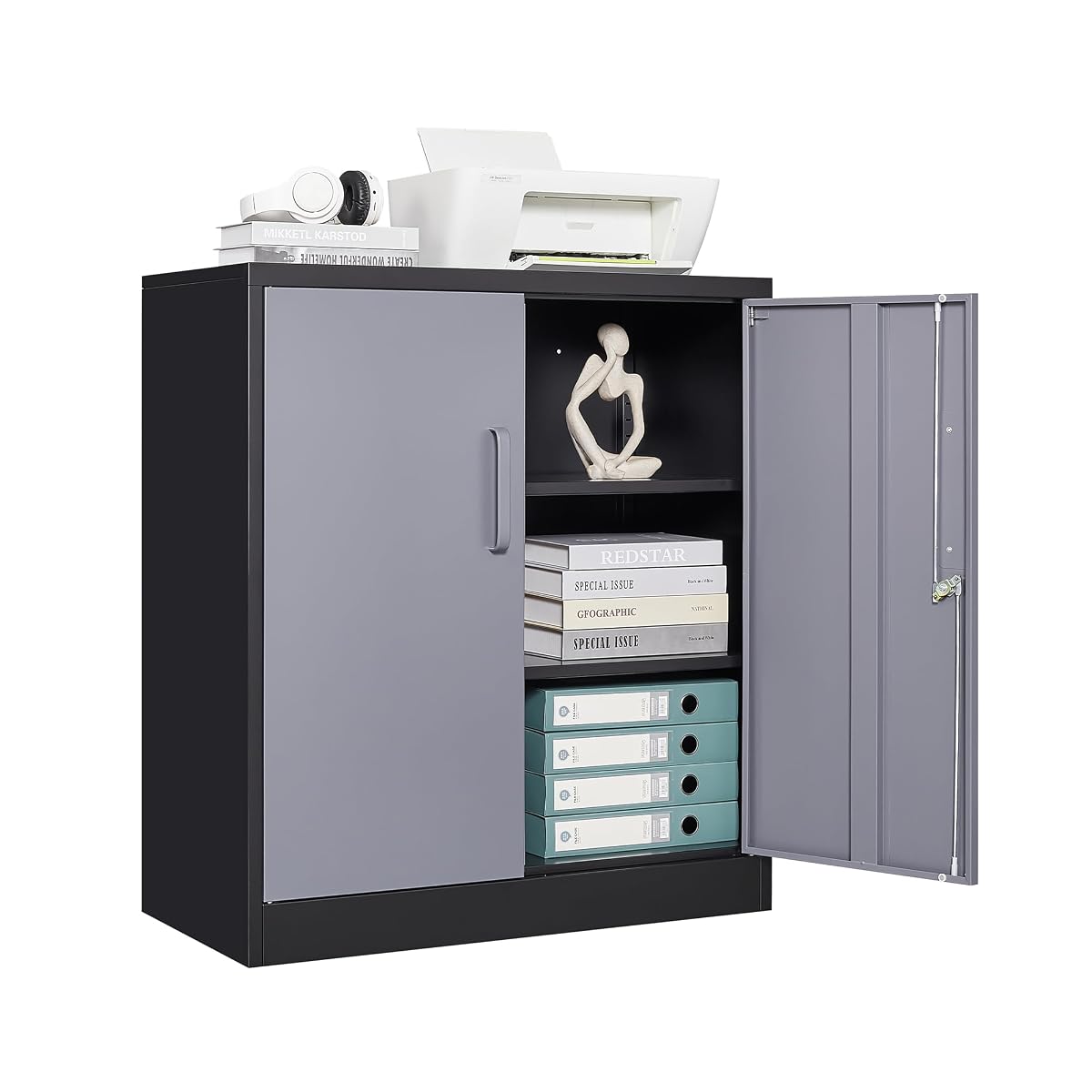 STANI Metal Storage Cabinet with 2 Adjustable Shelves Steel Counter Cabinet with Lockable Doors for Home Office