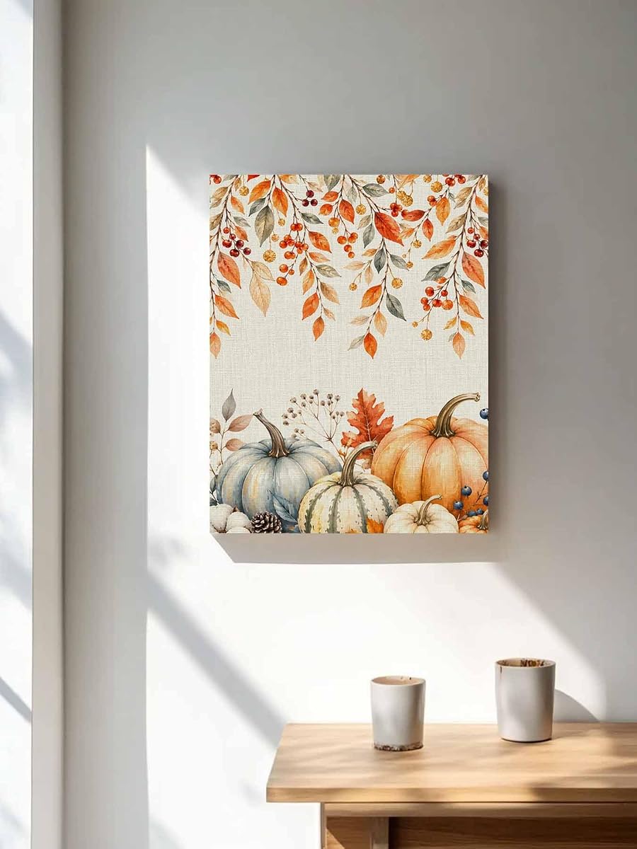 NuYeBiofx Thanksgiving Autumn Pumpkins Canvas Wall Art Prints,30"x20" Framed Picture Artwork Hanging Palm Foliage Printed Canvas Oil Painting for Living Room Bedroom Office,Ready to Hang