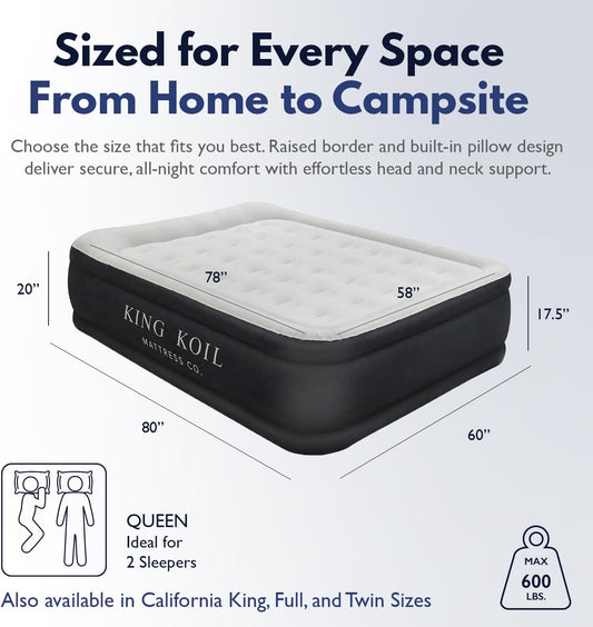 Luxury Pillow Top Plush Queen Air Mattress with Built-In High-Speed Pump Best for Home, Camping, Guests, 20" Queen Size Double Airbed Adjustable Blow up Mattress, Waterproof, 1-Year Warranty