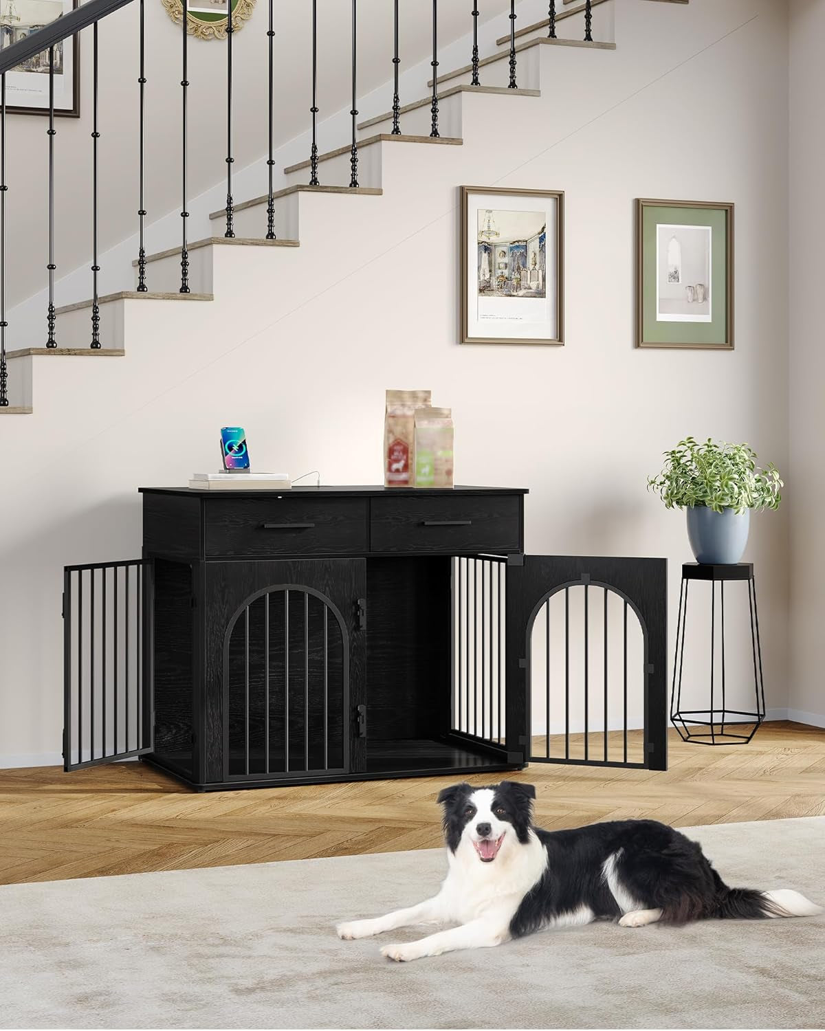 39.4'' Large Dog Crate Furniture with 2 Storage Drawers, Heavy Duty Dog Kennel Indoor with Charging Station, Wooden Dog Cage End Table Kennel for Medium/Large Dogs, White Brown DFC84214B