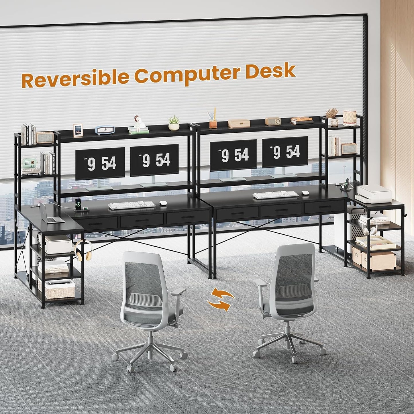 55" L Shaped Gaming Desk, Gaming Desk with Hutch & Drawers, Corner Computer Desk with Shelves and Storage, Reversible L Shaped Desk with LED Lights, Power Outlets, Monitor Stand, Black