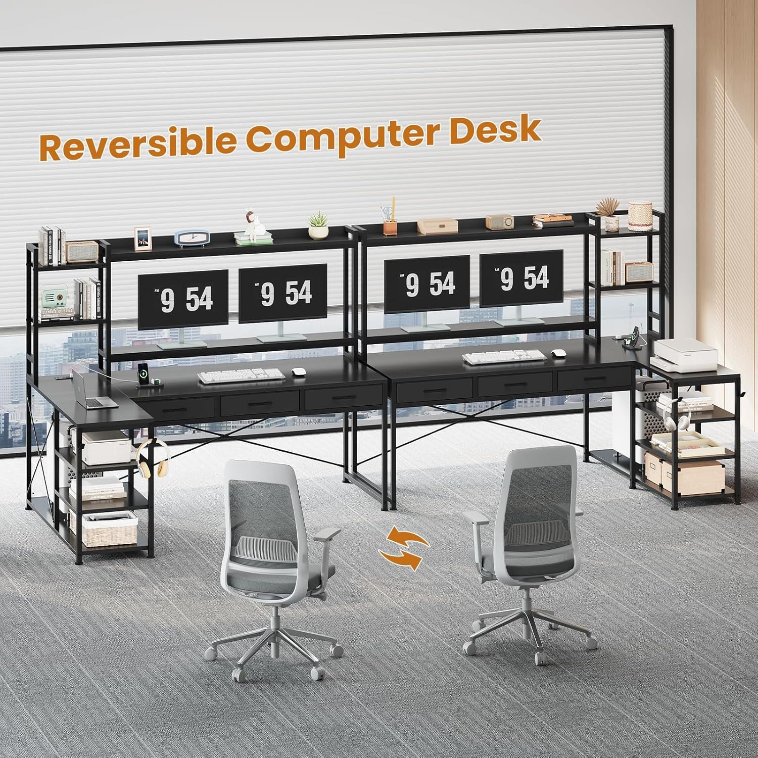 55" L Shaped Gaming Desk, Gaming Desk with Hutch & Drawers, Corner Computer Desk with Shelves and Storage, Reversible L Shaped Desk with LED Lights, Power Outlets, Monitor Stand, Black