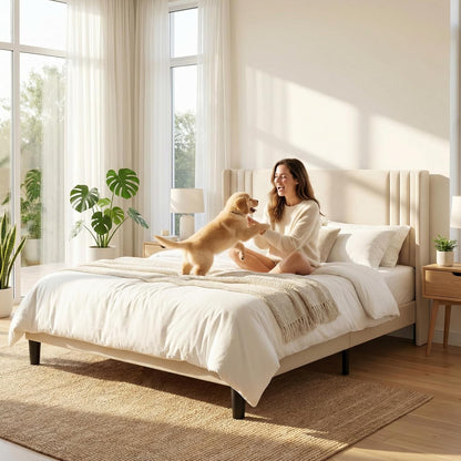 Queen Bed Frame with Wingback Headboard, Upholstered Platform Bed, Wooden Slats, Noise-Free, No Box Spring Needed, Easy Assembly