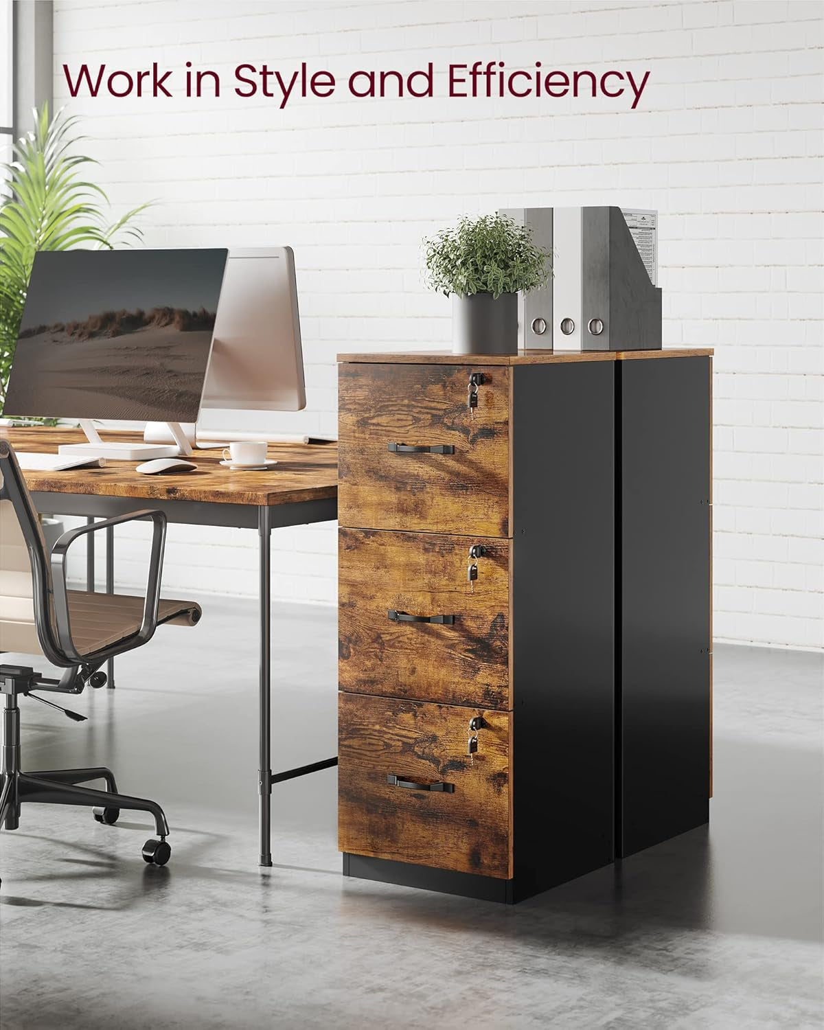 1 Drawer File Cabinet with Lock, Printer Stand, Office Filing Cabinet Organizer, for A4 and Letter Size Documents, Rustic Brown and Black UOFC044B01