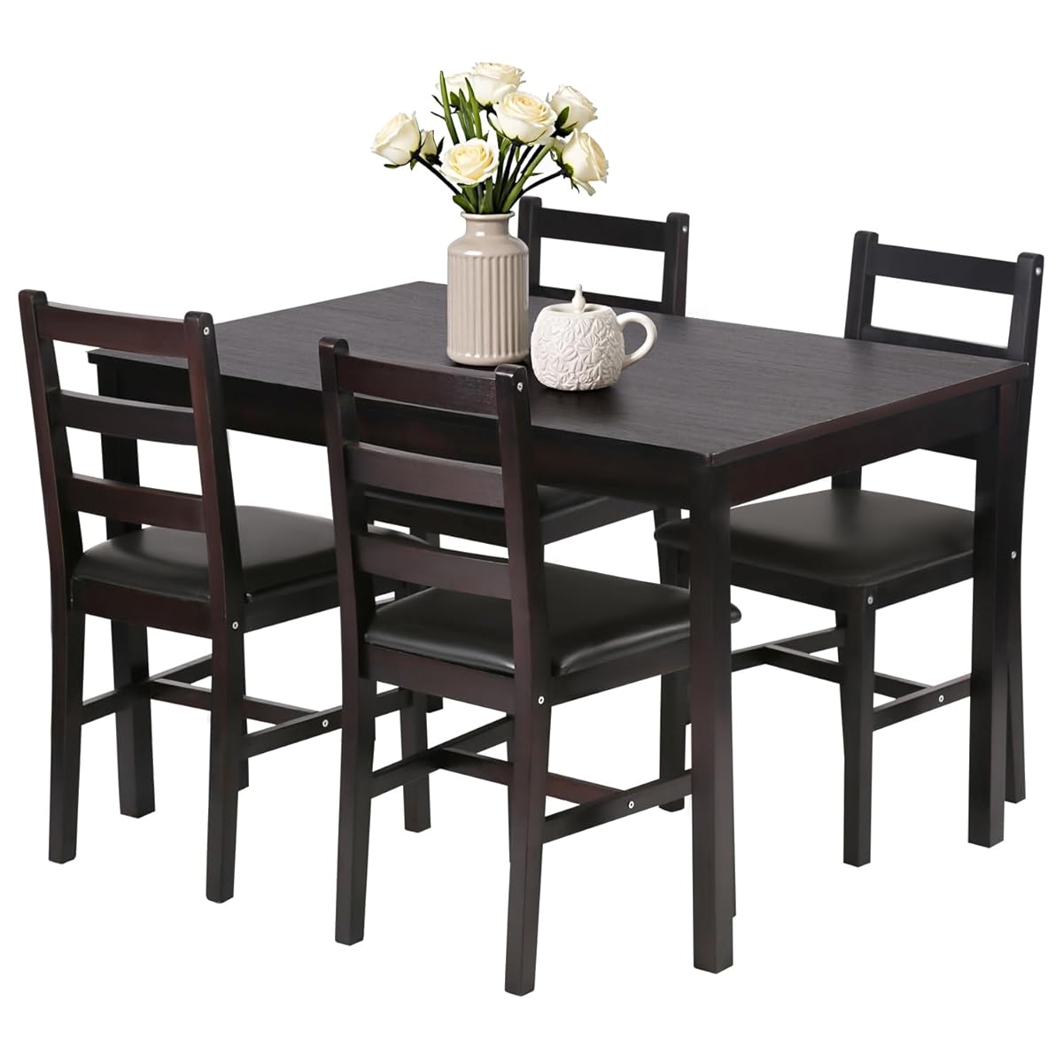 | 5-Piece Solid Wood Dining Table Set for 4 | Brown | Space-Saving Design | Smooth Easy-to-Clean Surface | Pine Kitchen Table with Upholstered Chairs | for Dining Room, Apartment, Restaurant