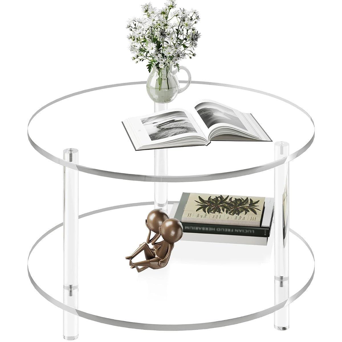 Acrylic Round Coffee Table, 23.6" Wide Modern Tea Table with Storage Shelf, 2-Tier Circle Center Table for Living Room, Office Reception and Apartment (Clear)