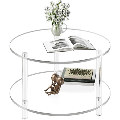 Acrylic Round Coffee Table, 23.6" Wide Modern Tea Table with Storage Shelf, 2-Tier Circle Center Table for Living Room, Office Reception and Apartment (Clear)