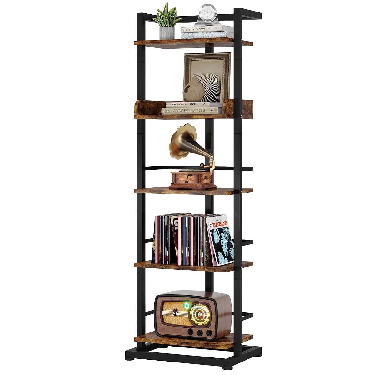Book Shelf Narrow Bookshelf: 5 Tier Wood Bookcase with Metal Edge Protection Industrial Modern Bookshelf Book Storage Organizer for Living Room Bedroom Home Office (Rustic Brown)