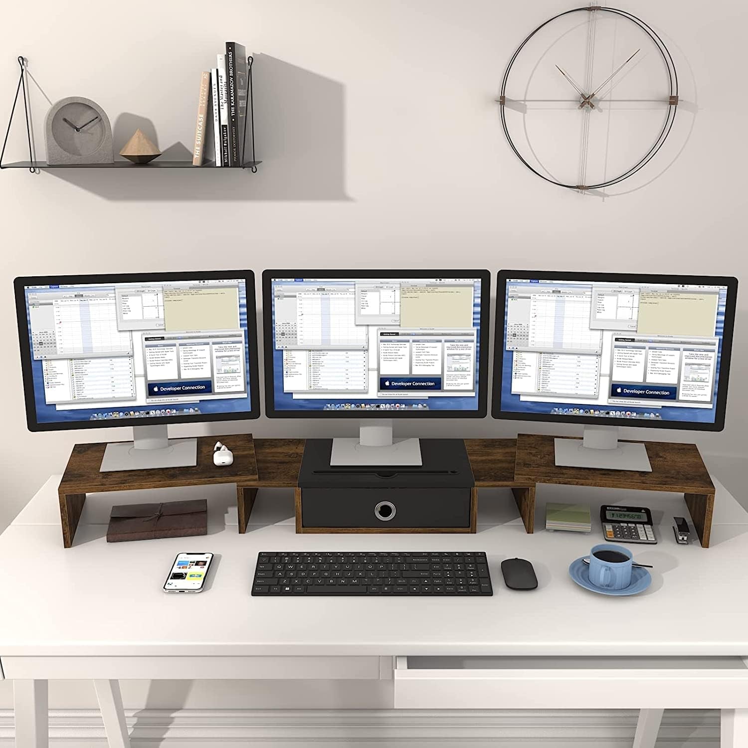 Triple Dual Monitor Stand Riser with Drawer,Extra Large Adjustable for 2~3 Monitors,Solt for Phone & Tablet, Desktop Organizer Stand for Computer,Laptop,Printer,Tv