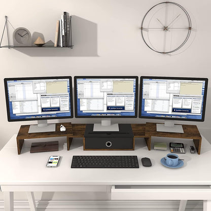 Triple Dual Monitor Stand Riser with Drawer,Extra Large Adjustable for 2~3 Monitors,Solt for Phone & Tablet, Desktop Organizer Stand for Computer,Laptop,Printer,Tv