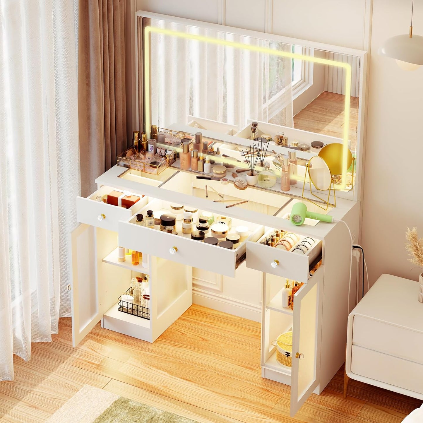 Makeup Vanity with Crystal Knobs, Glass Top Vanity Desk with Mirror and Lights, Power Outlet, Drawers and Cabinet, 3 Lighting Color Adjustable Dressing Table, Upgraded Silent Slides, White