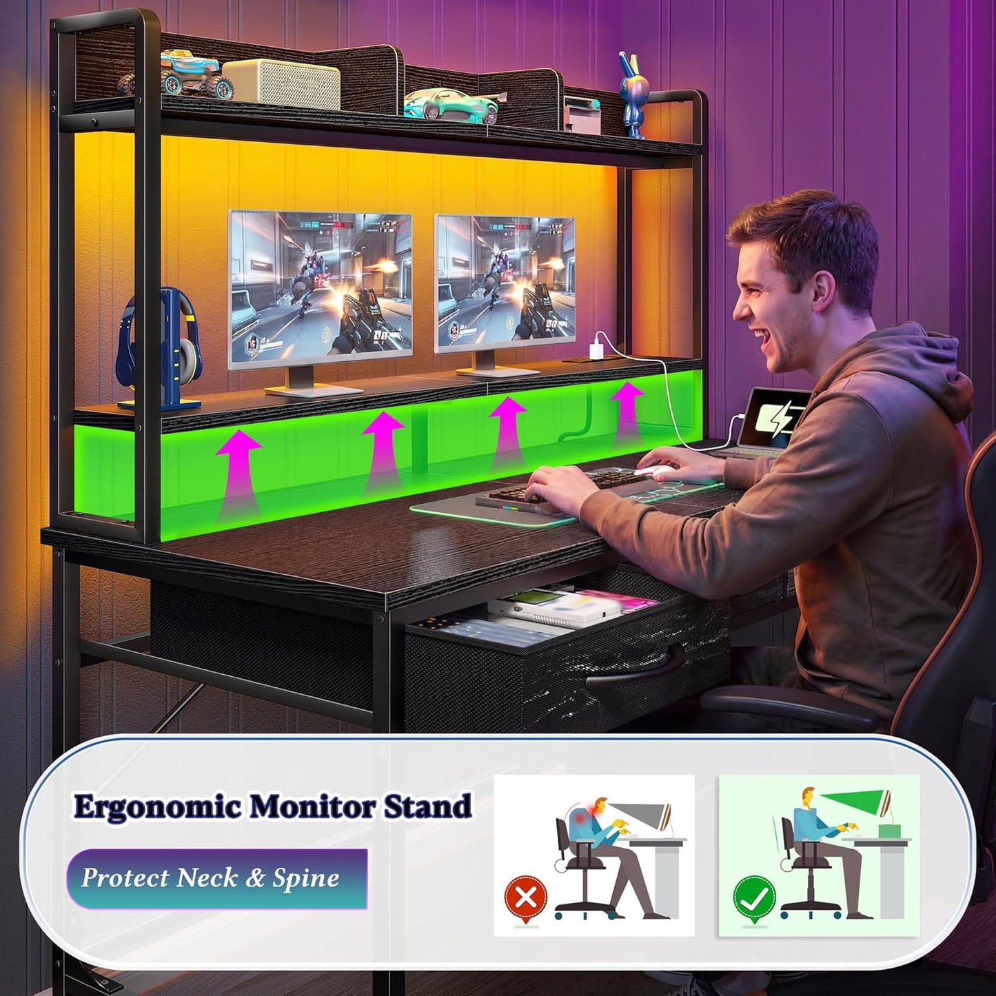 39.4" Computer Desk with Hutch & Monitor Stand,Gaming Desk with LED &Power Outlet,Writing Desk with 2Drawers &1Open Storage,Office Desk,Study Desk for Bedroom Home Office,Small Space,Black