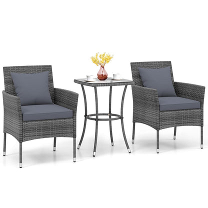 3 Pieces Patio Furniture Set, PE Rattan Outdoor Conversation Set with Tempered Glass Table & Soft Cushions, Wicker Bistro Set for Garden, Porch, Balcony (Grey)