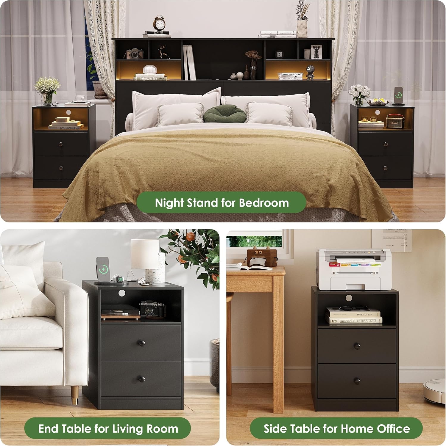 LED Wood Night Stand with Charging Station, Black Nightstand Bedside Table with 2 USB Ports & Outlets, Nightstands with 2 Large Drawers, End Side Table Dresser with Storage Shelf for Bedroom.