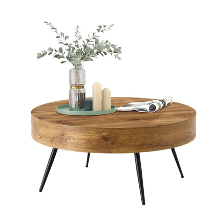 Round Coffee Table, Mid Century Small Coffee Table with Metal Legs, Wood Coffee Table Accent Center Table for Living Room Apartment Small Space (31.5''D-Brown)