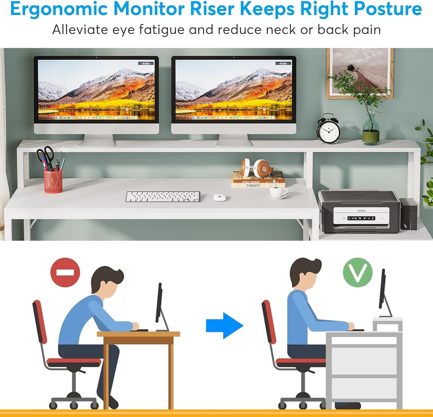 63 Inch Computer Desk with File Drawer Cabinet, Ergonomic Office Desk with Monitor Stand, Computer Table with Printer Space, Wood PC Table Workstation Desk for Home Office, White
