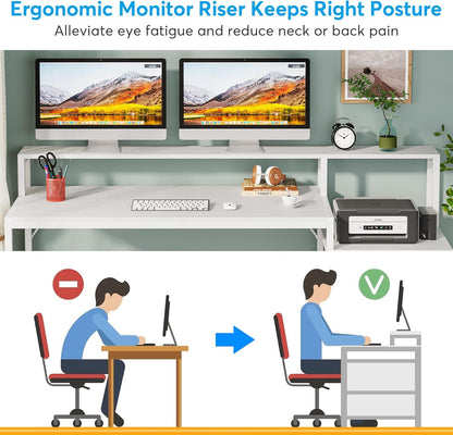63 Inch Computer Desk with File Drawer Cabinet, Ergonomic Office Desk with Monitor Stand, Computer Table with Printer Space, Wood PC Table Workstation Desk for Home Office, White