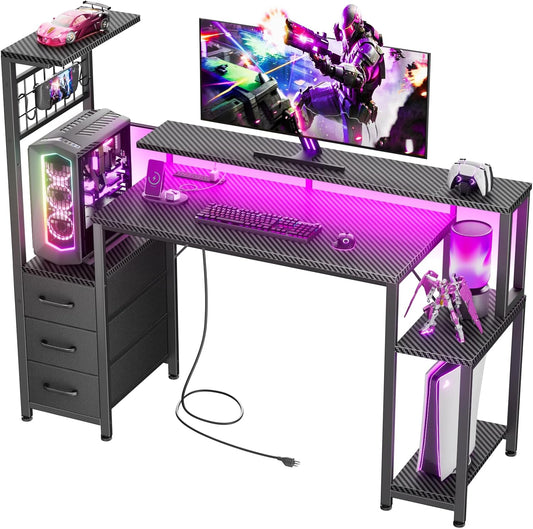 48 Inch Gaming Desk with LED Lights & Power Outlets,Computer Desk with Fabric Drawers & Side Hook,Reversible Gamer Table with Monitor Stand for Game Room,Home Office,Carbon Fiber Black