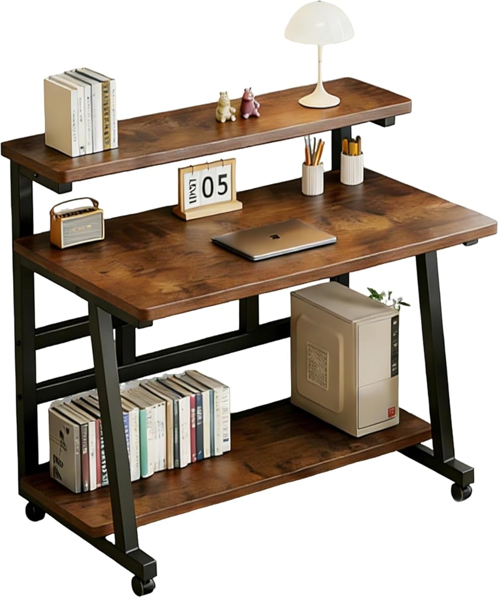 Rolling Computer Desk, 47.2 Inch Small Desks For Small Space, Portable Small Computer Desk with Monitor Stand & 3-Tier Storage, Portable Desk on Wheels for Writing, Home Office, Small Desk for Bedroom