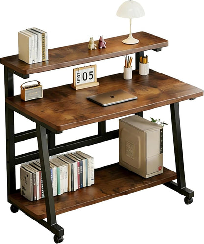 Rolling Computer Desk, 47.2 Inch Small Desks For Small Space, Portable Small Computer Desk with Monitor Stand & 3-Tier Storage, Portable Desk on Wheels for Writing, Home Office, Small Desk for Bedroom