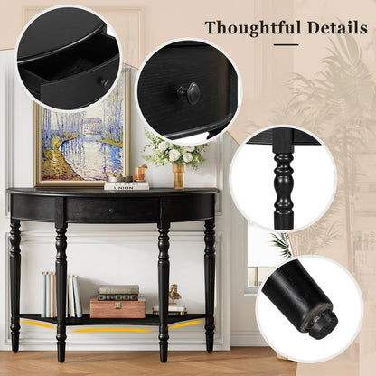 Black half moon console table with drawer and shelf, view 6