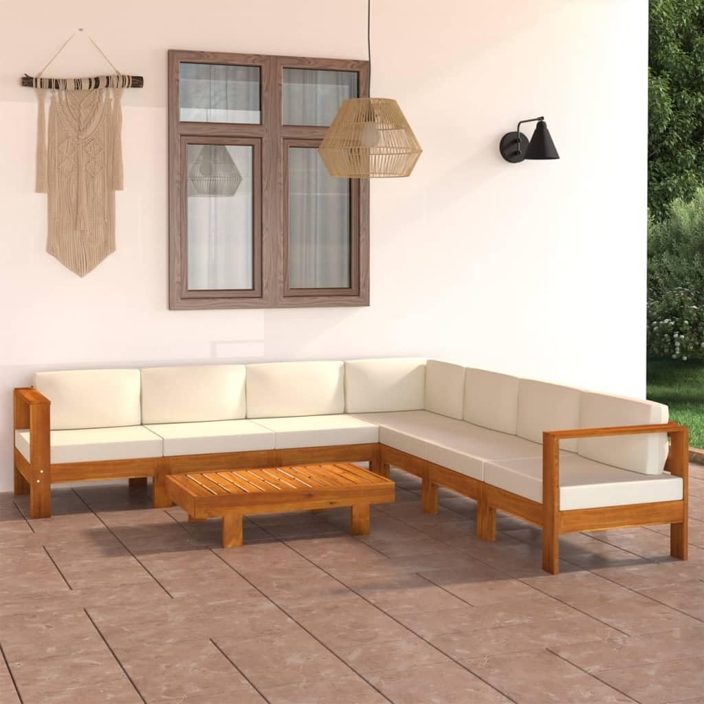 Wooden Lounge Set Cream White Solid Acacia Wood 8-piece Patio Outdoor Furniture Set with Cushions sectional Sofa Table for Garden Backyard Relaxation
