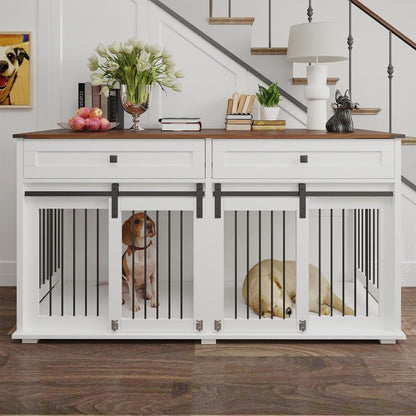 63" Large Double Dog Crate Furniture for 2 Dogs