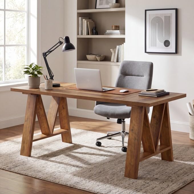 63" Farmhouse Executive Desk with Sturdy Legs, Brown