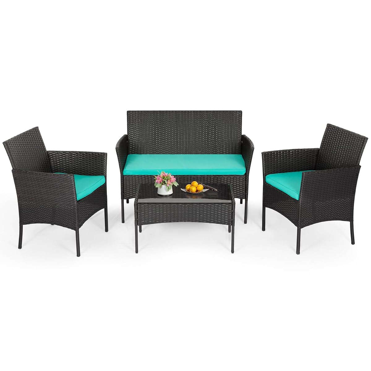 | 4-Piece Patio Furniture Set | Blue | Outdoor Wicker Furniture with Coffee Table | Modern Rattan Chairs Conversation Set | Outdoor Seating | Weather-Resistant | for Porch, Garden, Lawn