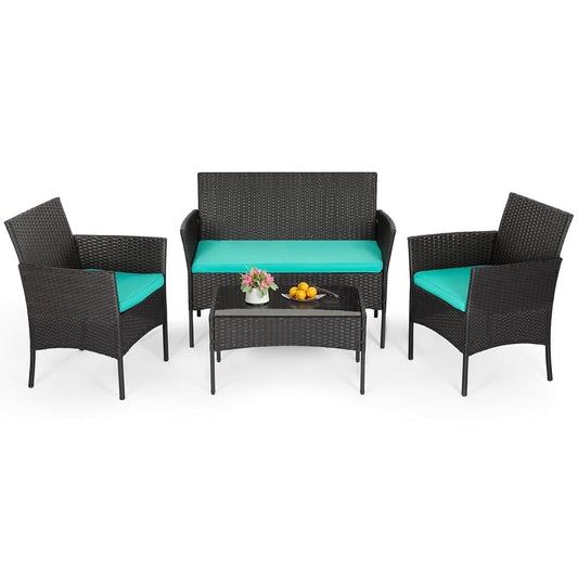 | 4-Piece Patio Furniture Set | Blue | Outdoor Wicker Furniture with Coffee Table | Modern Rattan Chairs Conversation Set | Outdoor Seating | Weather-Resistant | for Porch, Garden, Lawn