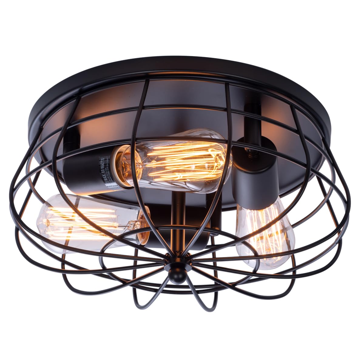 Industrial Black Semi Flush Mount Ceiling Light 3-Light Rustic Ceiling Lamp Fixture with Metal Cage for Kitchen Living Room Dining Room Bedroom Hallway