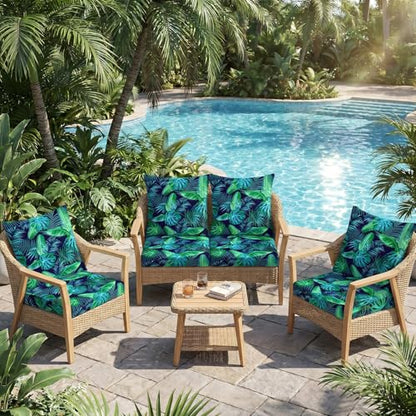 8Pcs Patio Cushion Covers Stretch Outdoor Couch Cushions Slipcovers Replacement Washable Furniture Protector with Elastic Bottom Sofa Chair Seat Cover, Palm Leaves