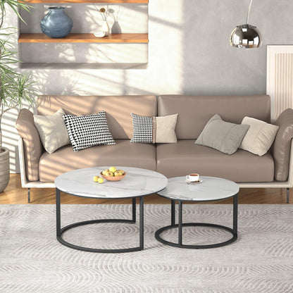 round Coffee Table Nesting Tables Set of 2, Large : Ø 33.5", Small : Ø 25.7", Modern Design Coffee Tables for Living Room, Metal Frame Circle Cocktail Table, High Glossy Faux White Marble