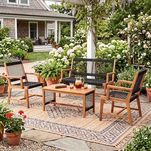 4 Pieces Patio Furniture Set Acacia Wood Conversation Set with Hand-Woven Rope Design, Ergonomic Loveseat & Single Chairs, Wooden Chair & Table Set for Porch Yard Poolside