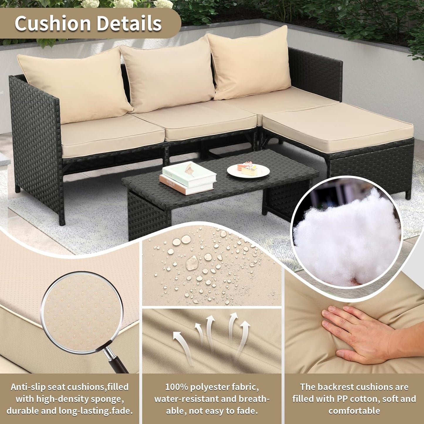 3-Piece Outdoor PE Rattan Furniture Set Patio Black Wicker Conversation Loveseat Sofa Sectional Couch Khaki Cushion
