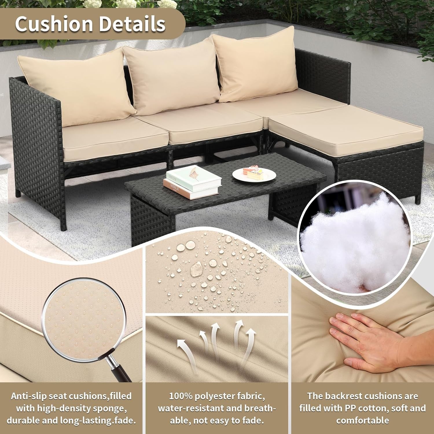 3-Piece Outdoor PE Rattan Furniture Set Patio Black Wicker Conversation Loveseat Sofa Sectional Couch Khaki Cushion